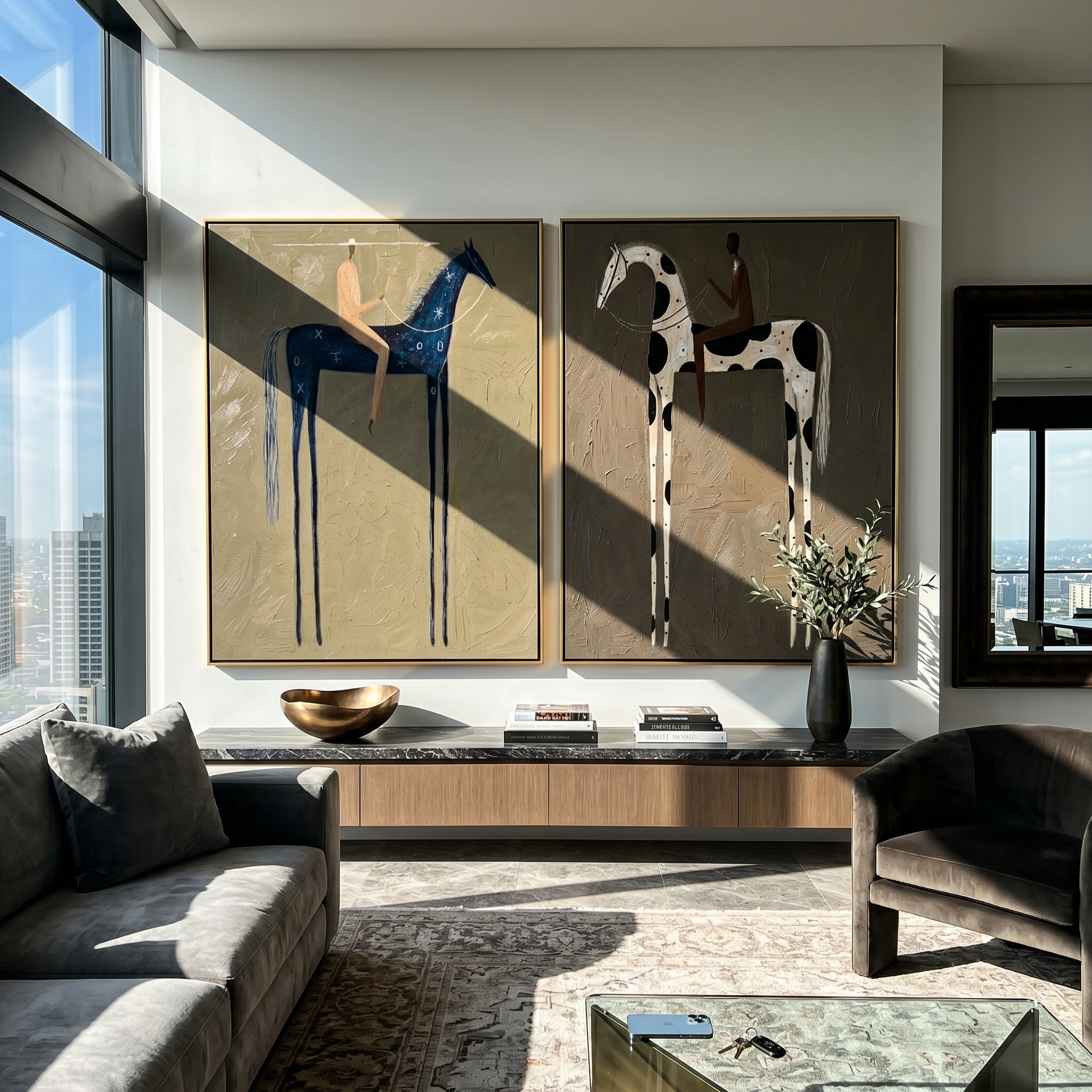 Blue Night Finds Snow — gray and brown and black modern figurative canvas art, set of 2 hand-painted canvas art – view 1