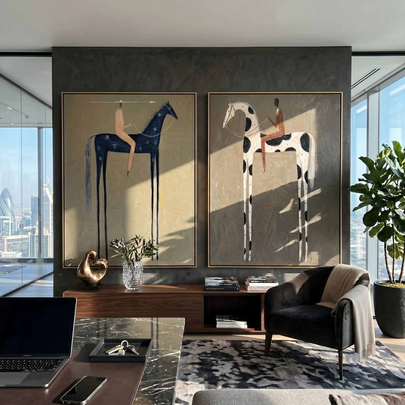 Blue Night Finds Snow — gray and brown and black modern figurative canvas art, set of 2 hand-painted canvas art – view 2