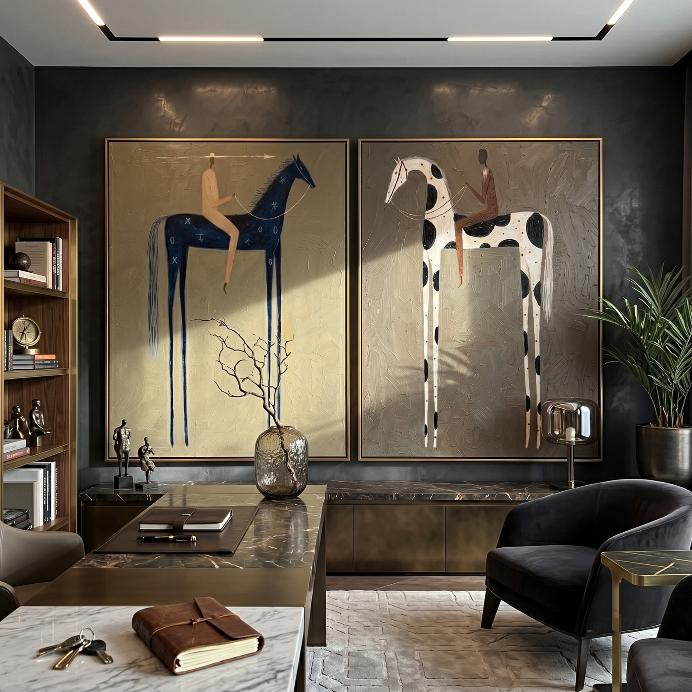 Blue Night Finds Snow — gray and brown and black modern figurative canvas art, set of 2 hand-painted canvas art – view 3