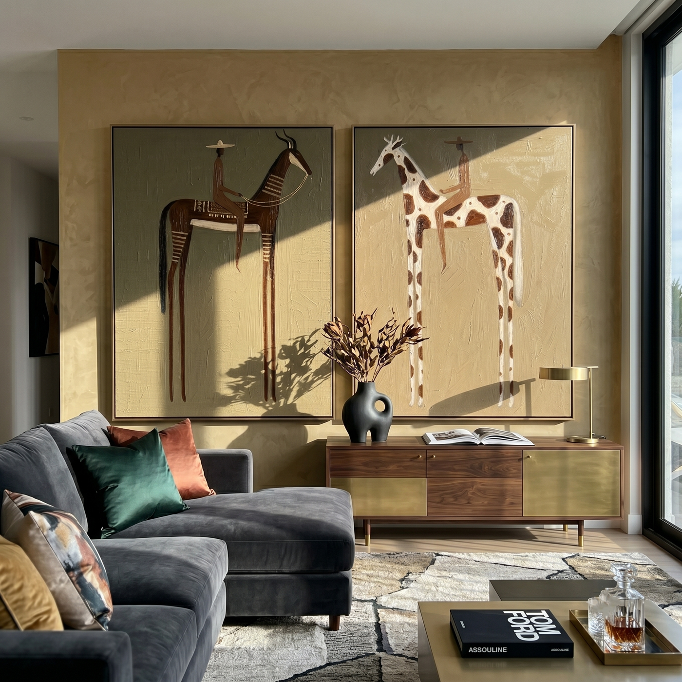 Spotted Trails Follow Amber — brown and gray and black modern figurative canvas art, set of 2 hand-painted canvas art – view 3