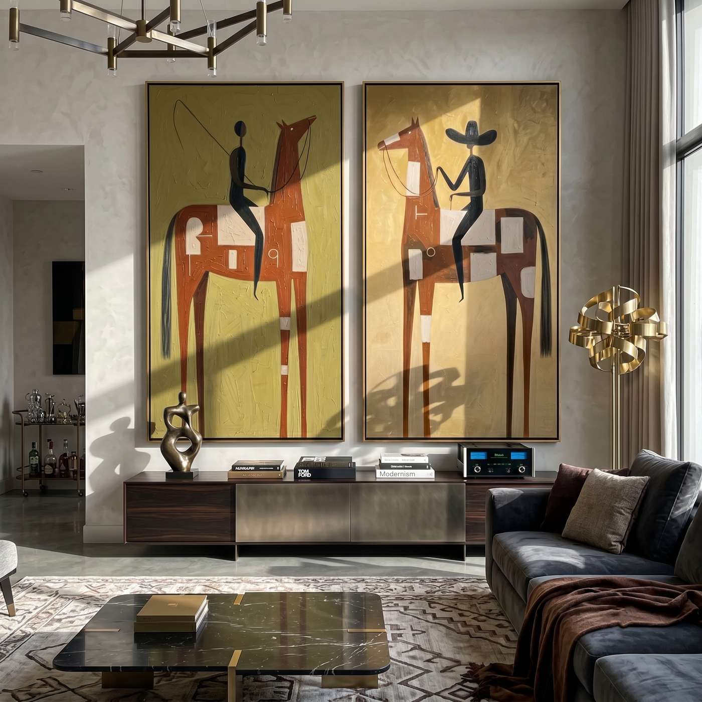 Two Riders Rewrite Distance — brown and gray modern figurative canvas art, set of 2 hand-painted canvas art – view 1