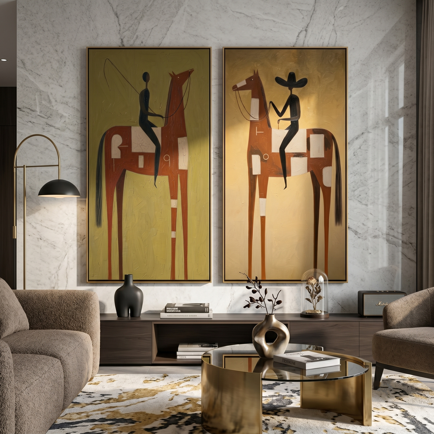 Two Riders Rewrite Distance — brown and gray modern figurative canvas art, set of 2 hand-painted canvas art – view 2