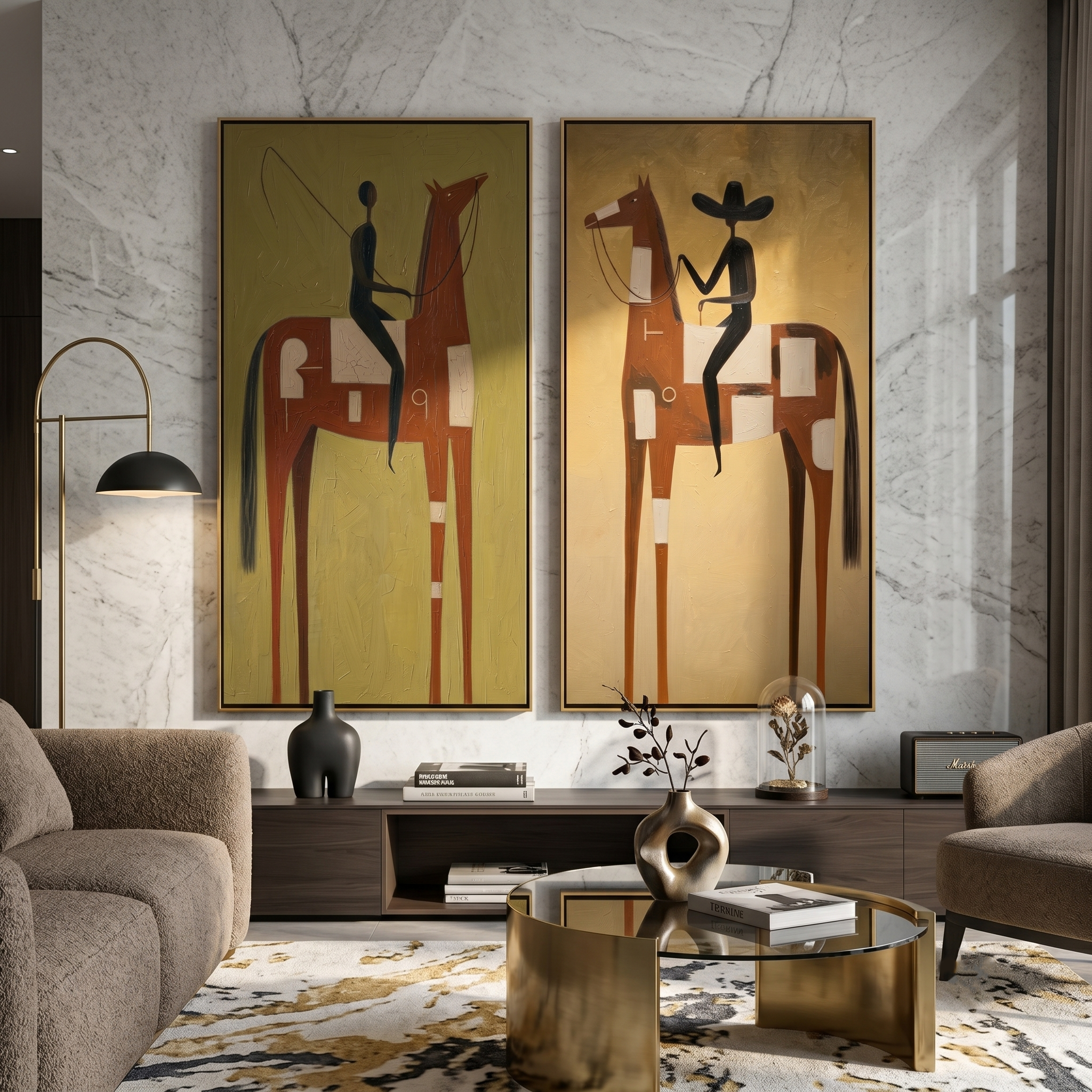Two Riders Rewrite Distance — brown and gray modern figurative canvas art, set of 2 hand-painted canvas art – view 2