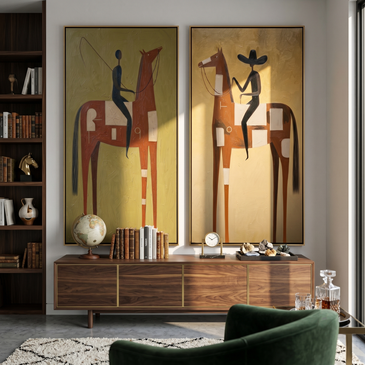 Two Riders Rewrite Distance — brown and gray modern figurative canvas art, set of 2 hand-painted canvas art – view 3