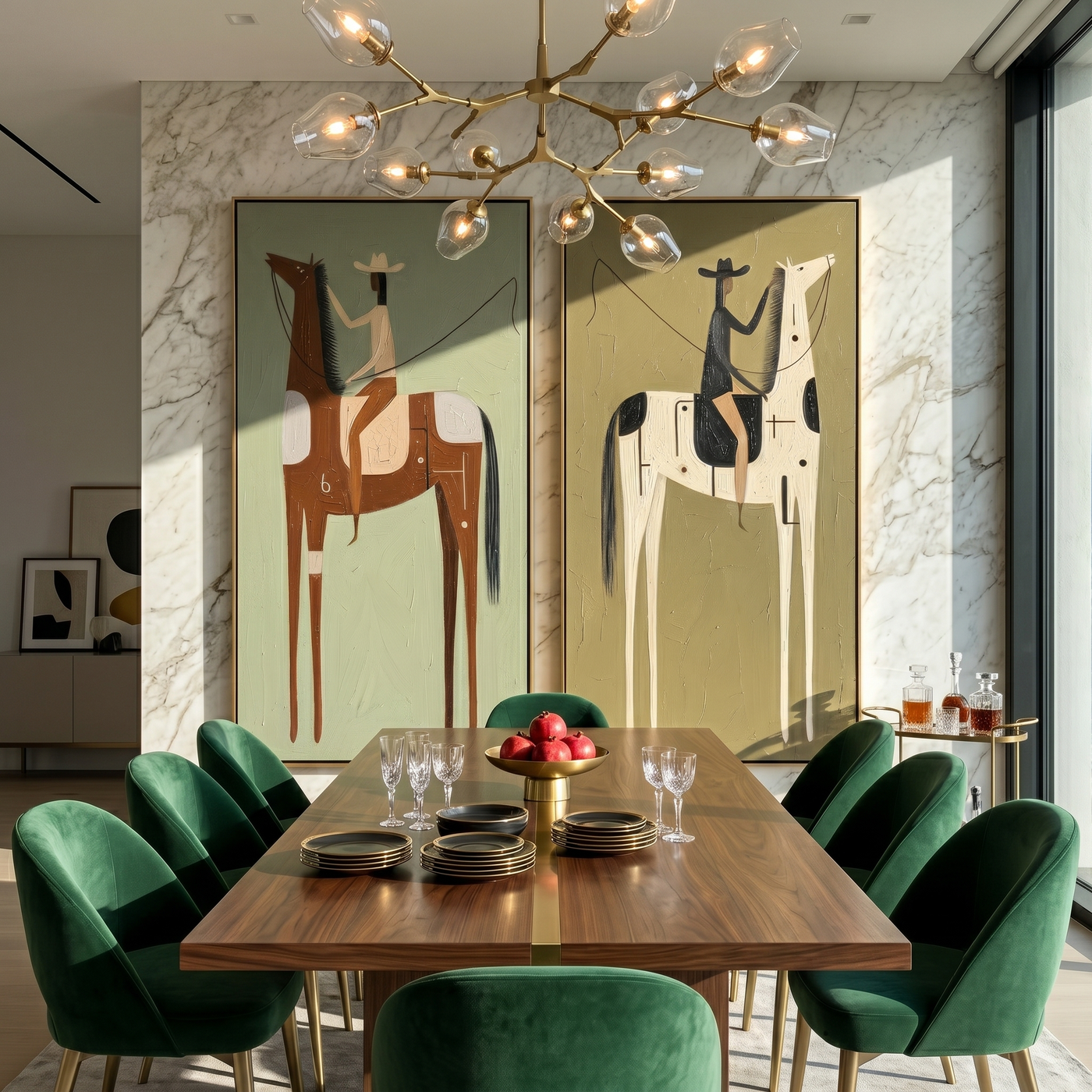 Opposite Riders Share Silence — brown and green modern figurative canvas art, set of 2 hand-painted canvas art – view 1