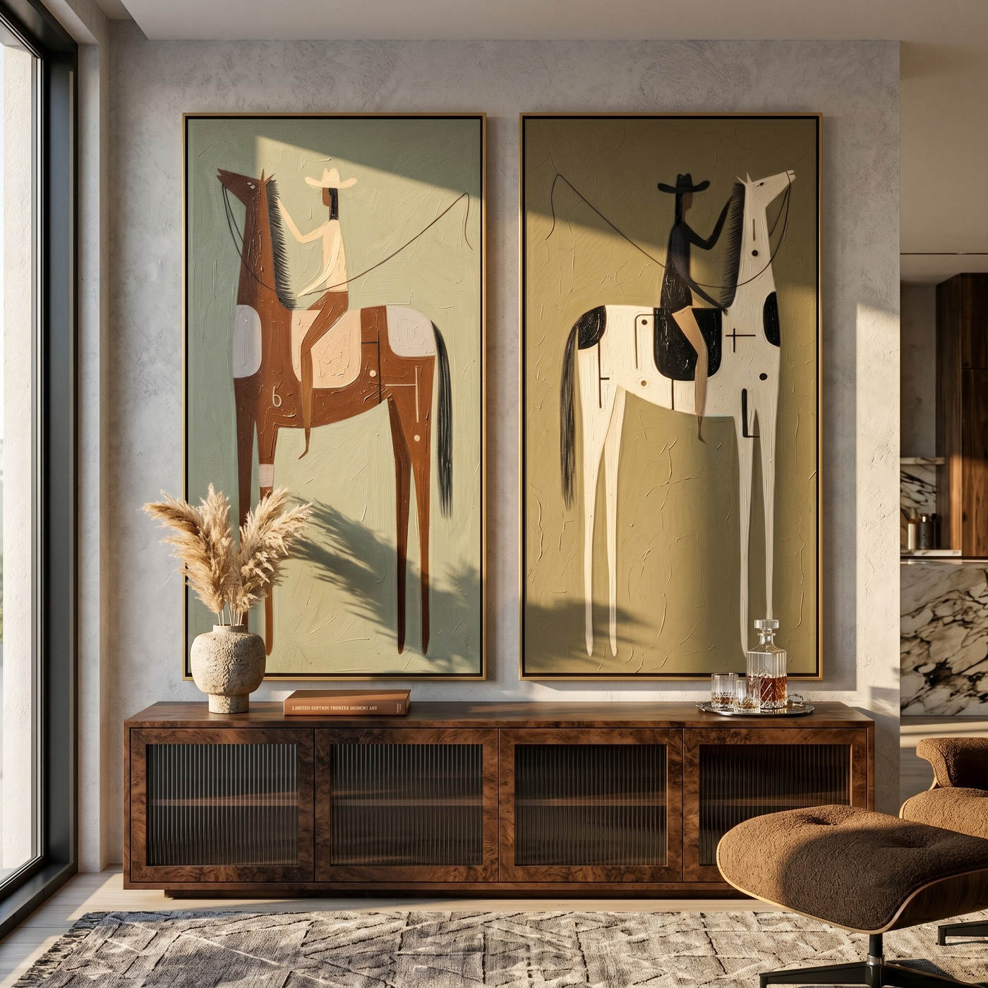 Opposite Riders Share Silence — brown and green modern figurative canvas art, set of 2 hand-painted canvas art – view 3