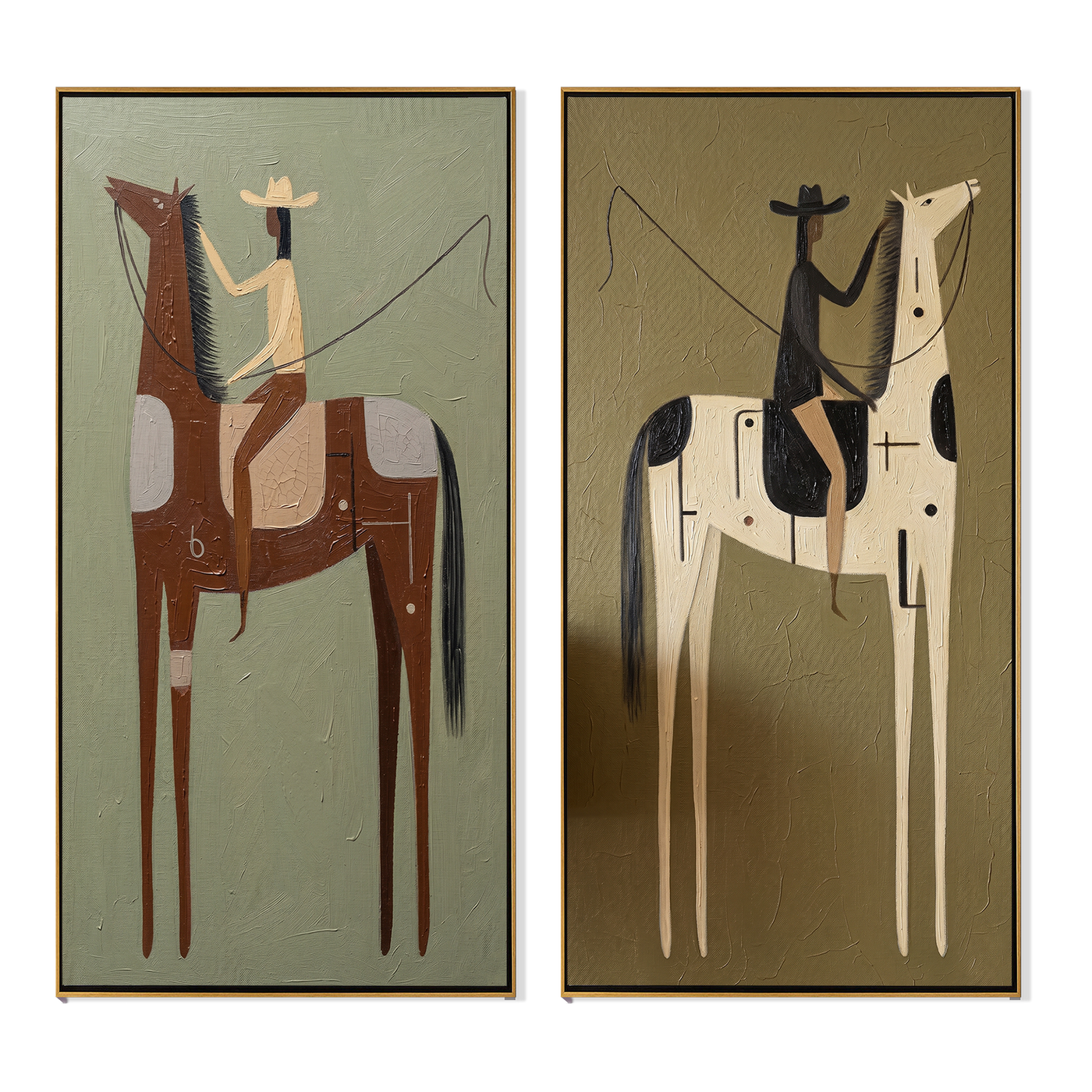 Opposite Riders Share Silence — brown and green modern figurative canvas art, set of 2 hand-painted canvas art – view 6