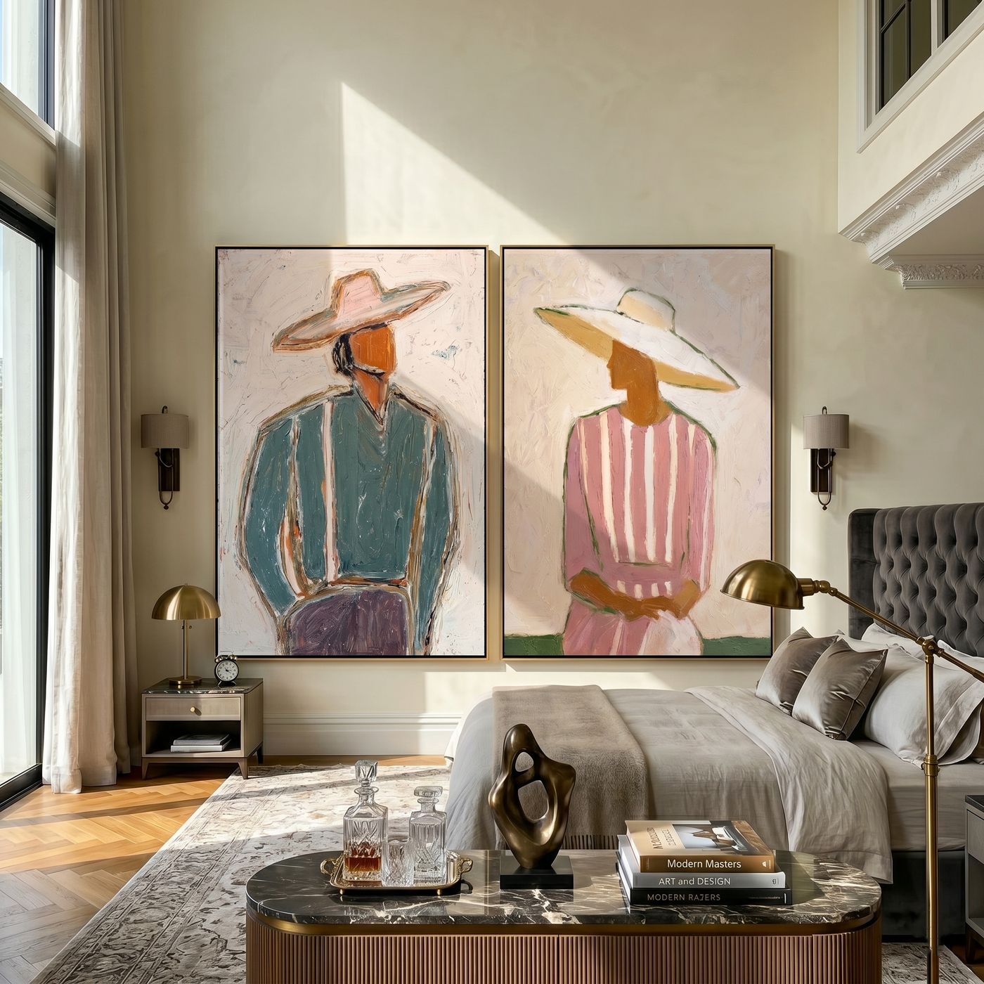 Blue Coat Holds Dawn — gray and brown modern figurative canvas art, set of 2 hand-painted canvas art – view 4