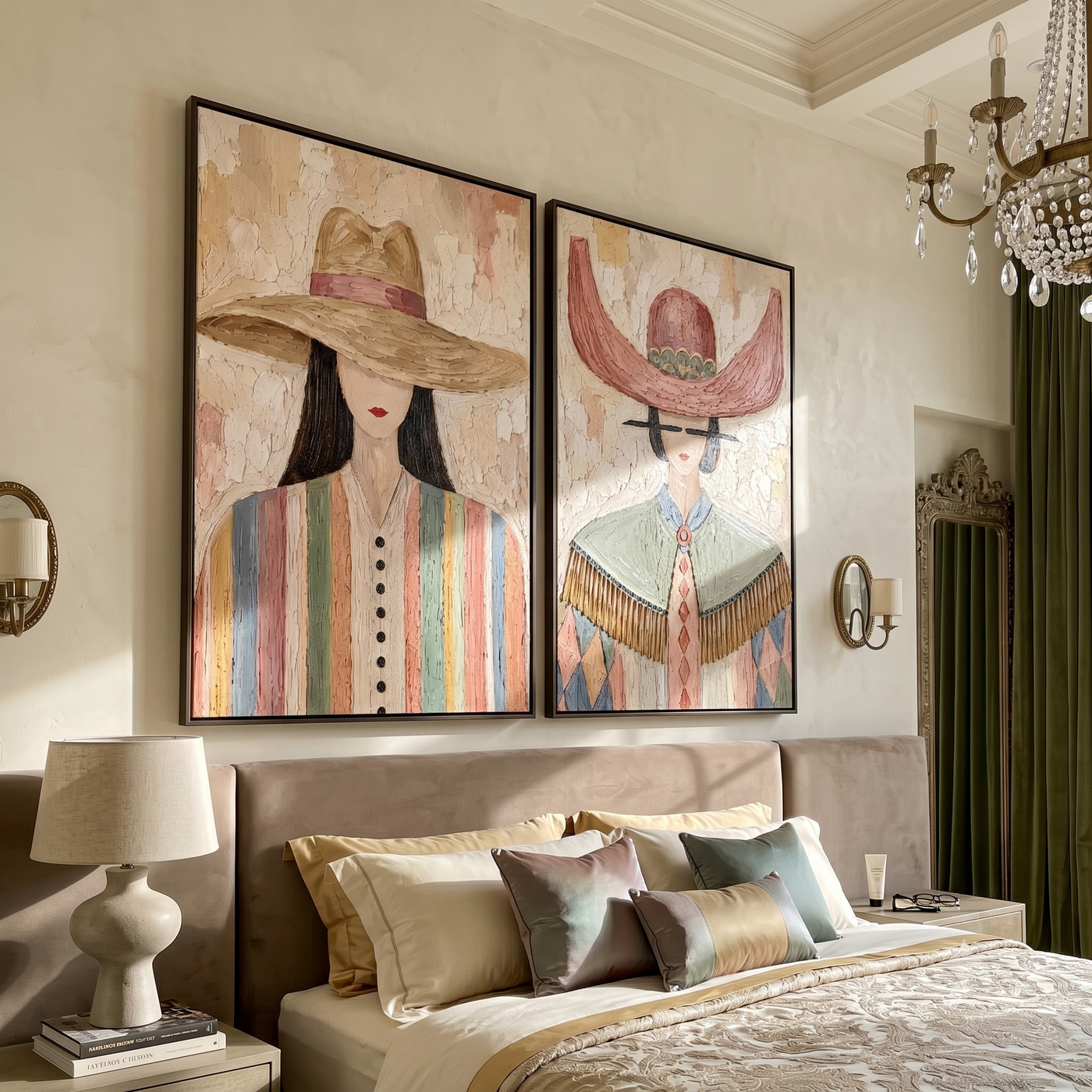 Rose Moon Wears Fringe — brown and gray modern figurative canvas art, set of 2 hand-painted canvas art – view 4