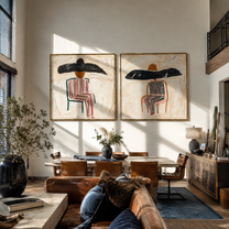 Shadow Brims Share Silence - seated striped cowgirl portrait by Elliot Vale, modern figurative set of 2 wall art - styled room scene view 1