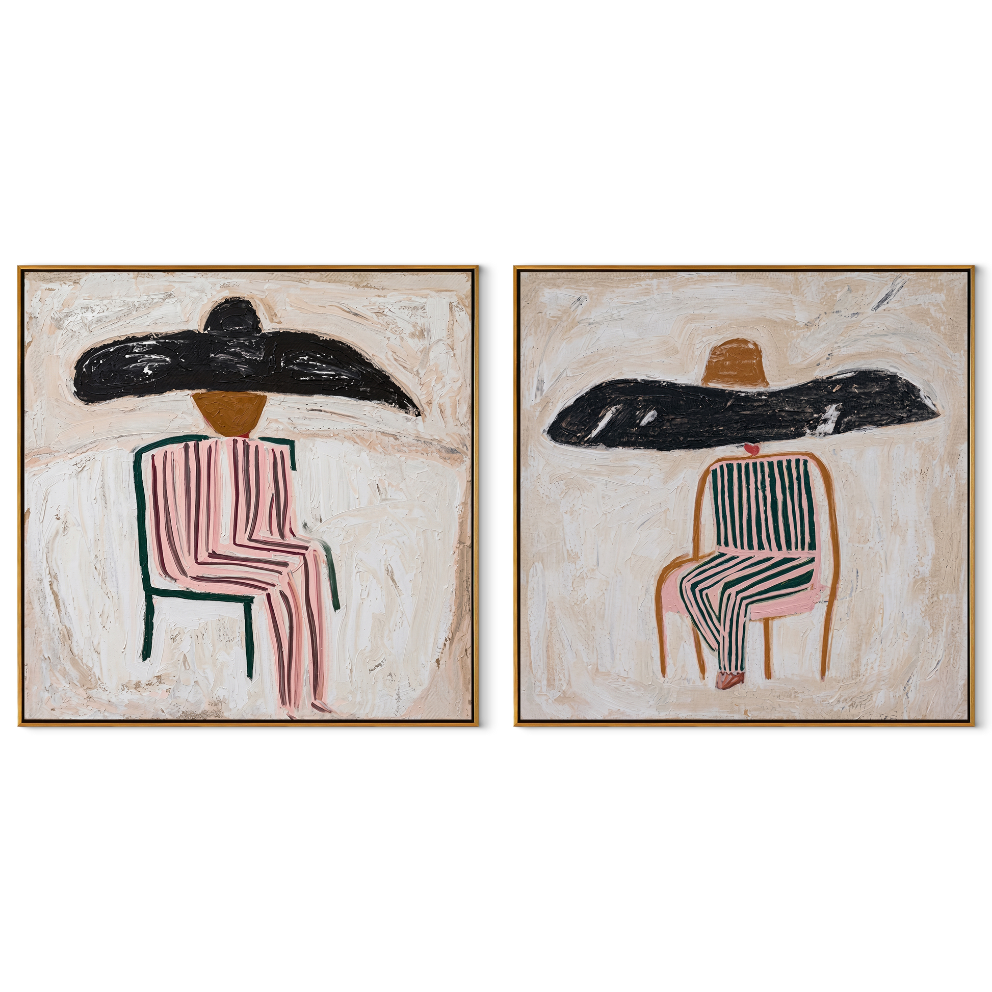 Shadow Brims Share Silence - seated striped cowgirl portrait by Elliot Vale, modern figurative set of 2 wall art - complete two-panel artwork set on white background