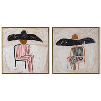 Shadow Brims Share Silence - seated striped cowgirl portrait by Elliot Vale, modern figurative set of 2 wall art - complete two-panel artwork set on white background