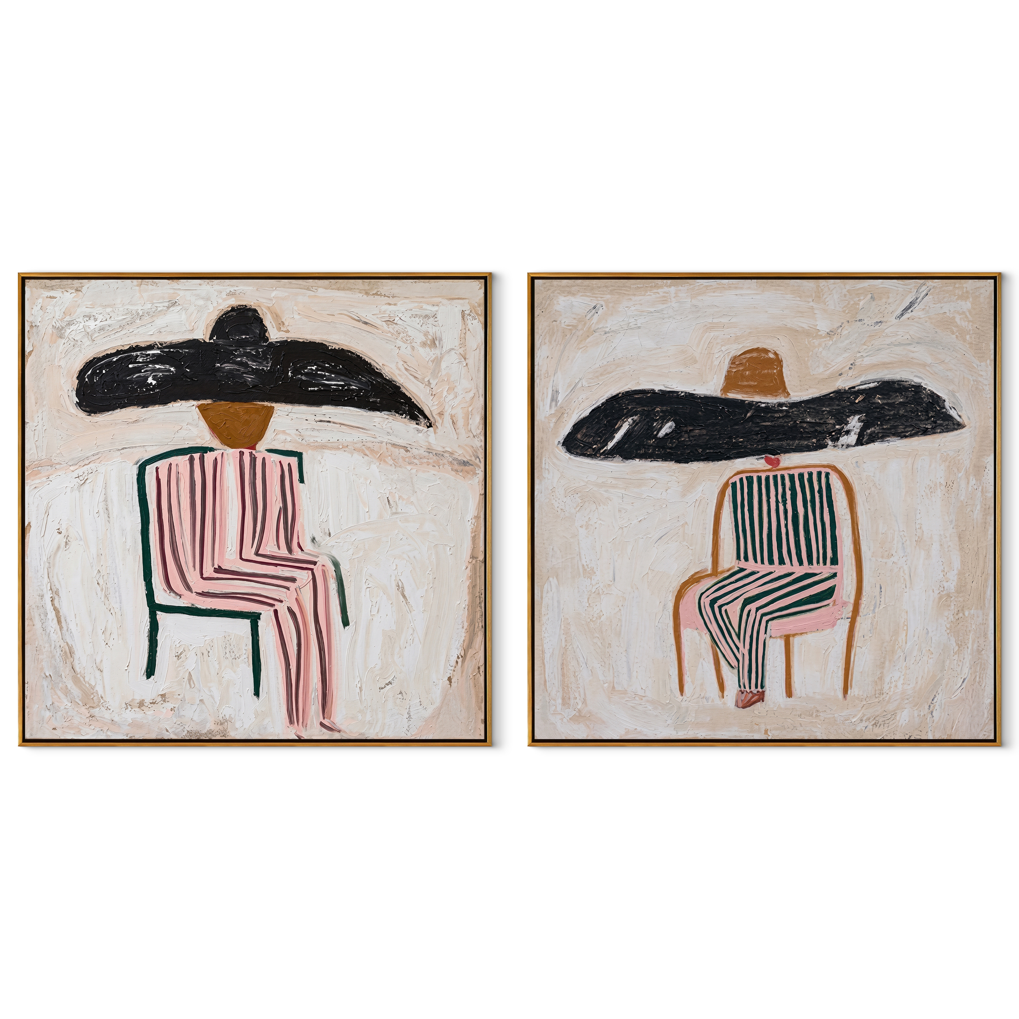 Shadow Brims Share Silence - seated striped cowgirl portrait by Elliot Vale, modern figurative set of 2 wall art - complete two-panel artwork set on white background