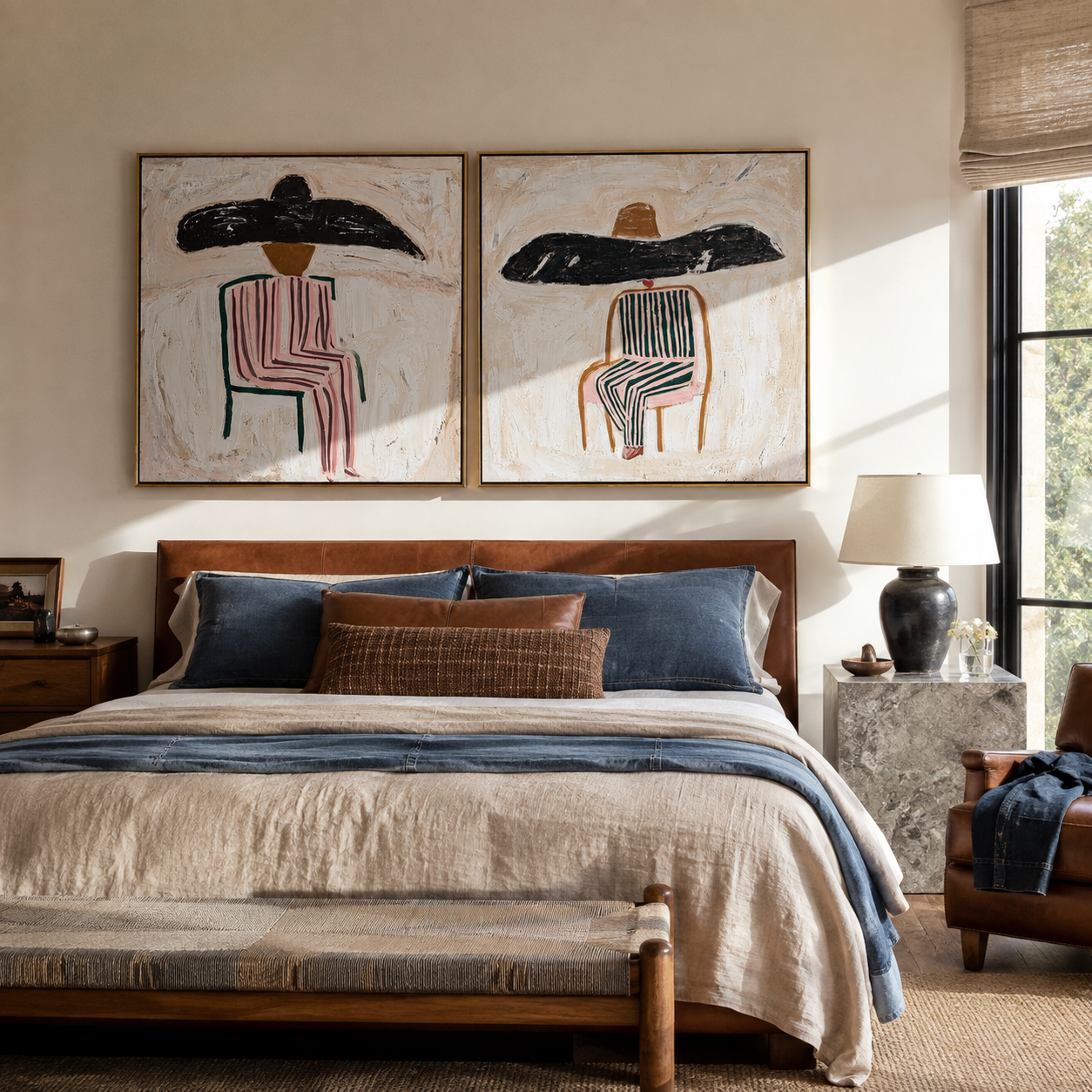 Shadow Brims Share Silence - seated striped cowgirl portrait by Elliot Vale, modern figurative set of 2 wall art - styled room scene view 2