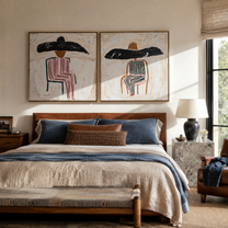 Shadow Brims Share Silence - seated striped cowgirl portrait by Elliot Vale, modern figurative set of 2 wall art - styled room scene view 2
