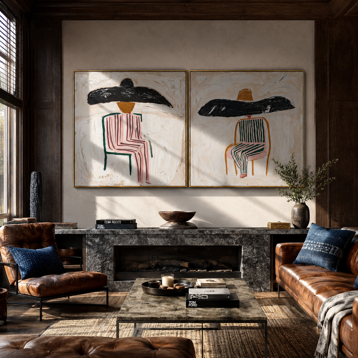 Shadow Brims Share Silence - seated striped cowgirl portrait by Elliot Vale, modern figurative set of 2 wall art - styled room scene view 3