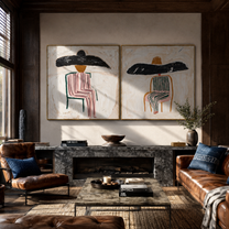 Shadow Brims Share Silence - seated striped cowgirl portrait by Elliot Vale, modern figurative set of 2 wall art - styled room scene view 3