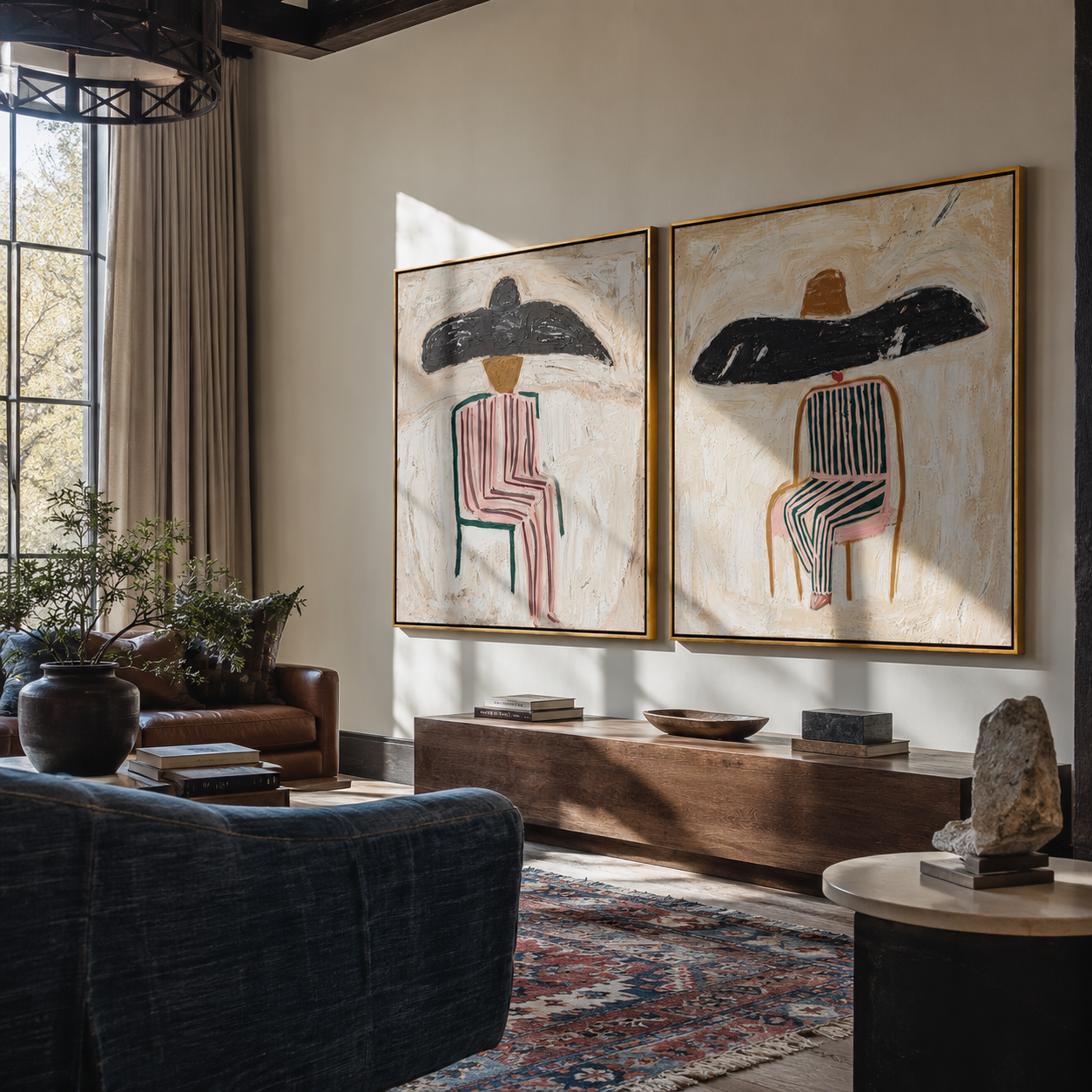 Shadow Brims Share Silence - seated striped cowgirl portrait by Elliot Vale, modern figurative set of 2 wall art - styled room scene view 4