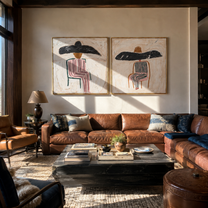 Shadow Brims Share Silence - seated striped cowgirl portrait by Elliot Vale, modern figurative set of 2 wall art - styled room scene view 5
