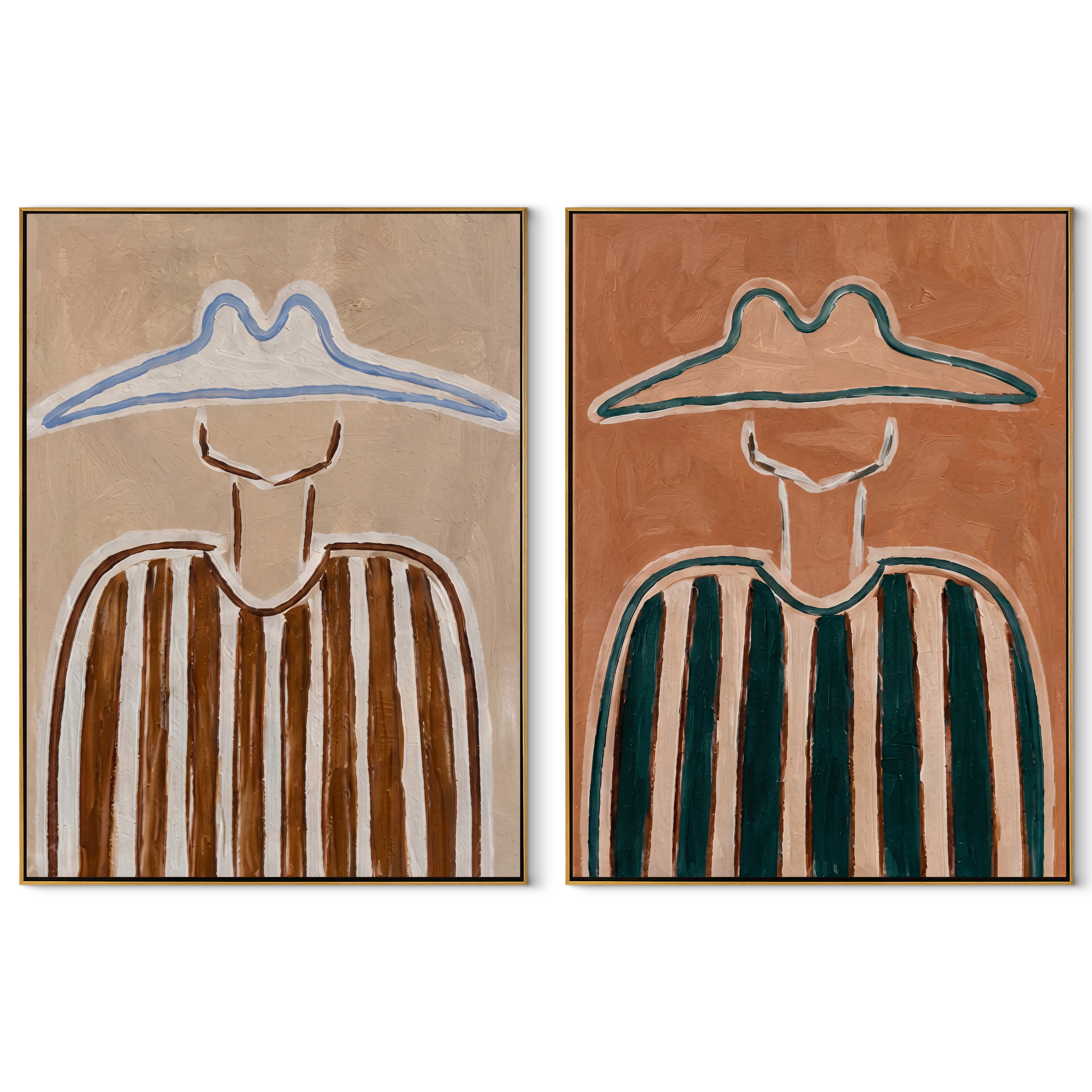 Twin Outlines Hold Stripes - outlined cowboy portrait by Elliot Vale, modern figurative set of 2 wall art - complete two-panel artwork set on white background