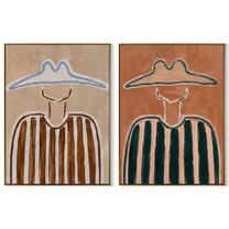 Twin Outlines Hold Stripes - outlined cowboy portrait by Elliot Vale, modern figurative set of 2 wall art - complete two-panel artwork set on white background
