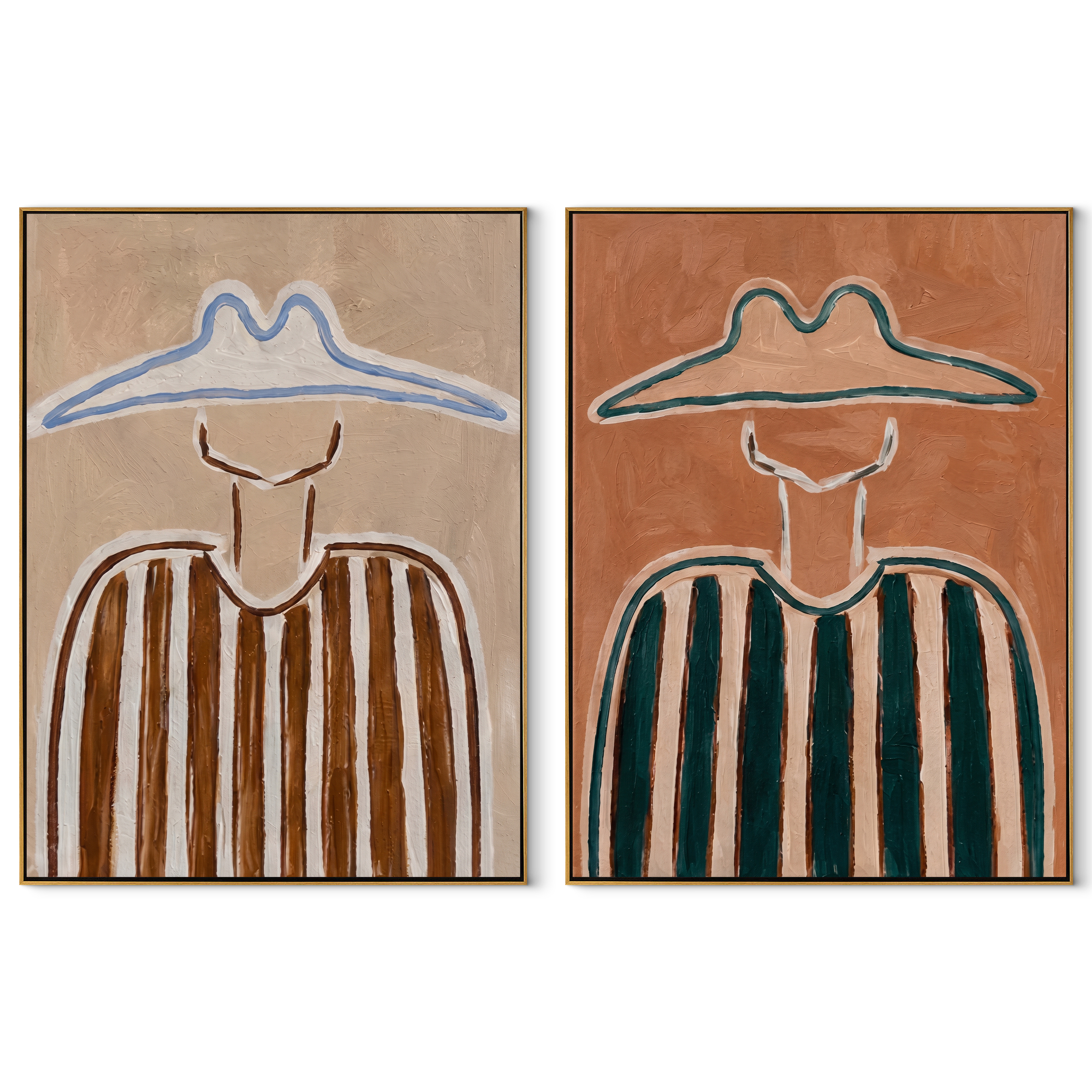 Twin Outlines Hold Stripes - outlined cowboy portrait by Elliot Vale, modern figurative set of 2 wall art - complete two-panel artwork set on white background