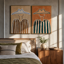 Twin Outlines Hold Stripes - outlined cowboy portrait by Elliot Vale, modern figurative set of 2 wall art - styled room scene view 2