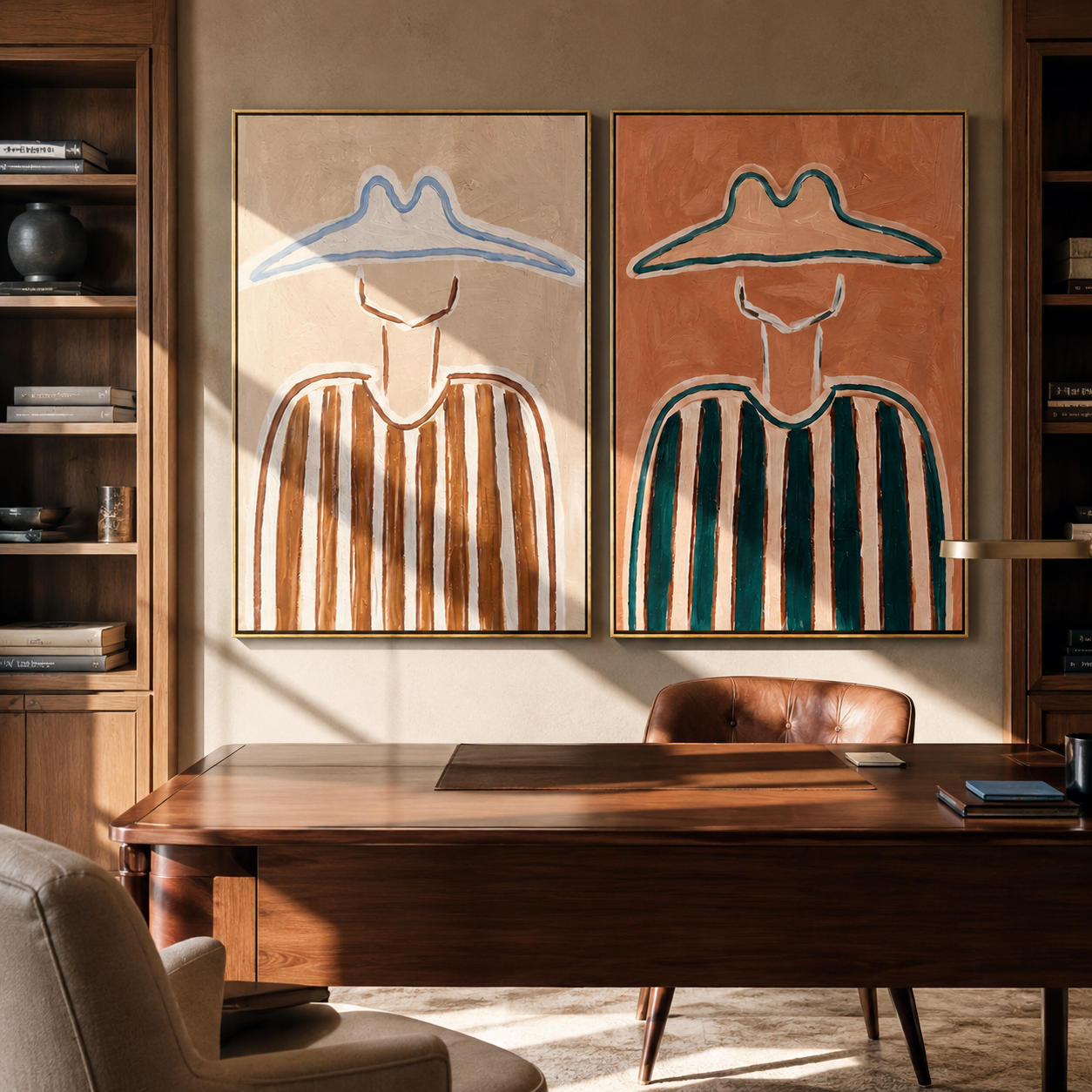 Twin Outlines Hold Stripes - outlined cowboy portrait by Elliot Vale, modern figurative set of 2 wall art - styled room scene view 3