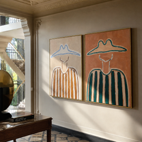 Twin Outlines Hold Stripes - outlined cowboy portrait by Elliot Vale, modern figurative set of 2 wall art - styled room scene view 4