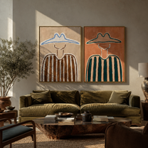 Twin Outlines Hold Stripes - outlined cowboy portrait by Elliot Vale, modern figurative set of 2 wall art - styled room scene view 5