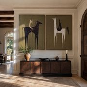 Tall Horses Trade Glances - minimal horse and rider by Elliot Vale, modern figurative set of 2 wall art - styled room scene view 1