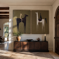 Tall Horses Trade Glances - minimal horse and rider by Elliot Vale, modern figurative set of 2 wall art - styled room scene view 1