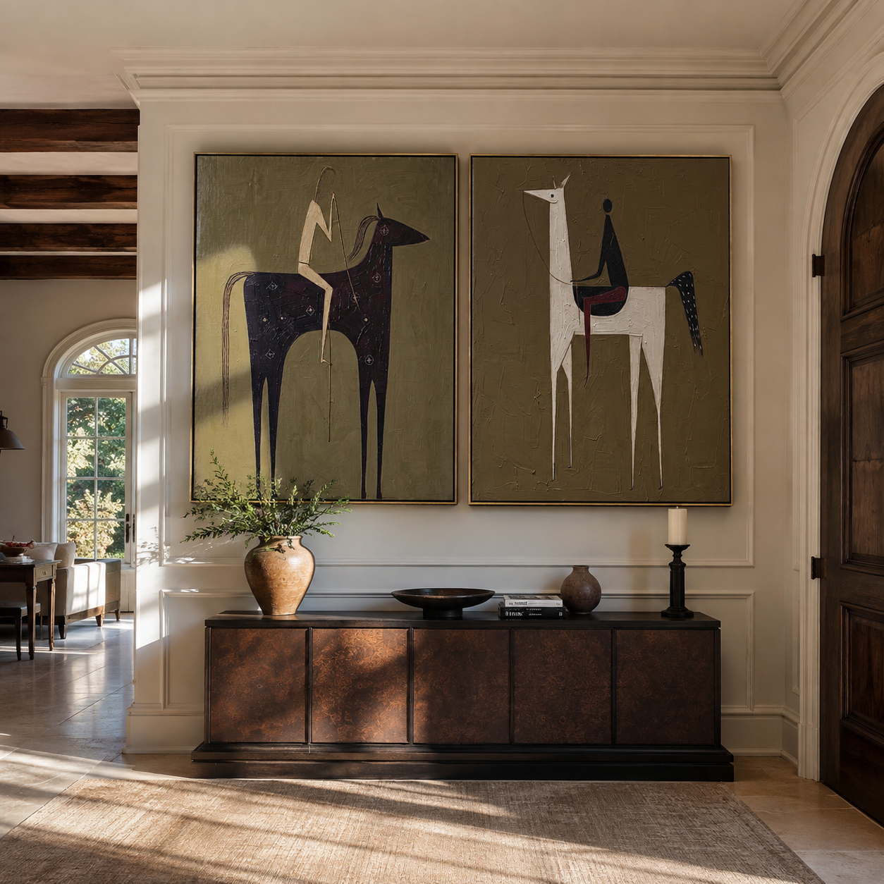 Tall Horses Trade Glances - minimal horse and rider by Elliot Vale, modern figurative set of 2 wall art - styled room scene view 1