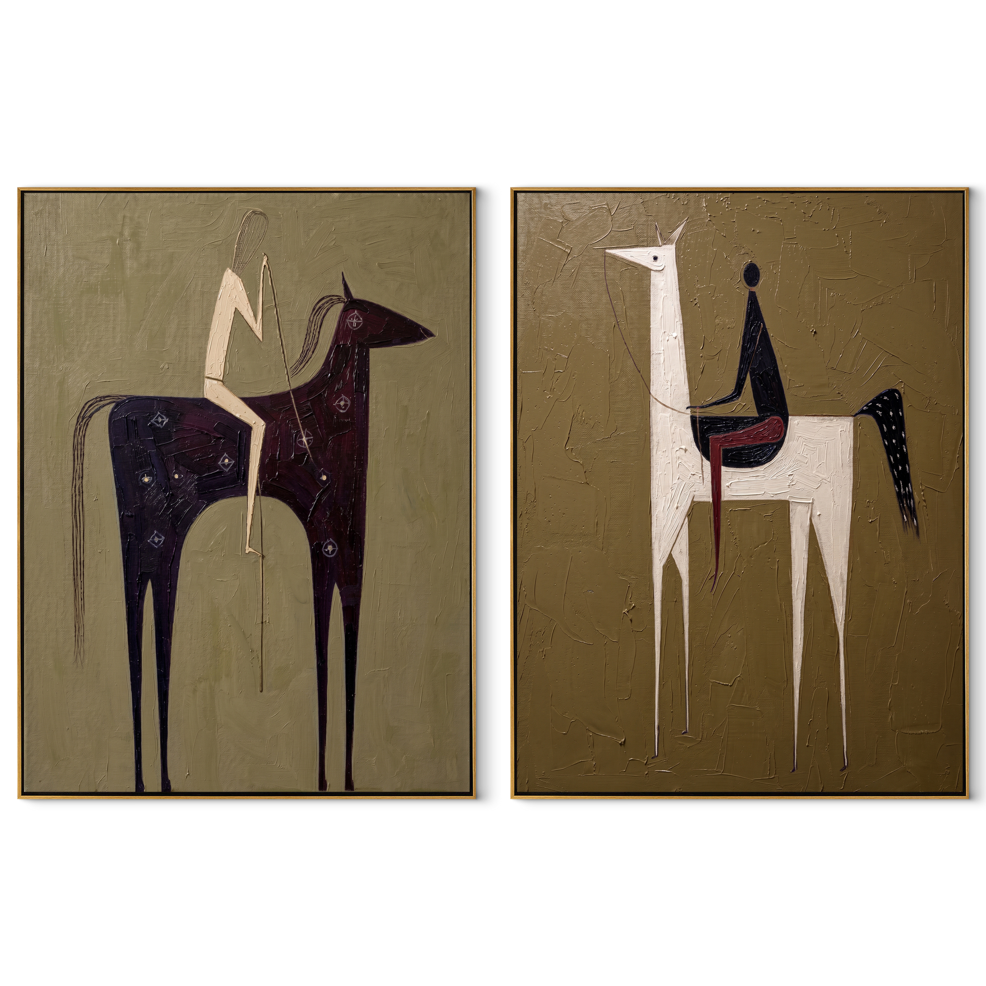 Tall Horses Trade Glances - minimal horse and rider by Elliot Vale, modern figurative set of 2 wall art - complete two-panel artwork set on white background