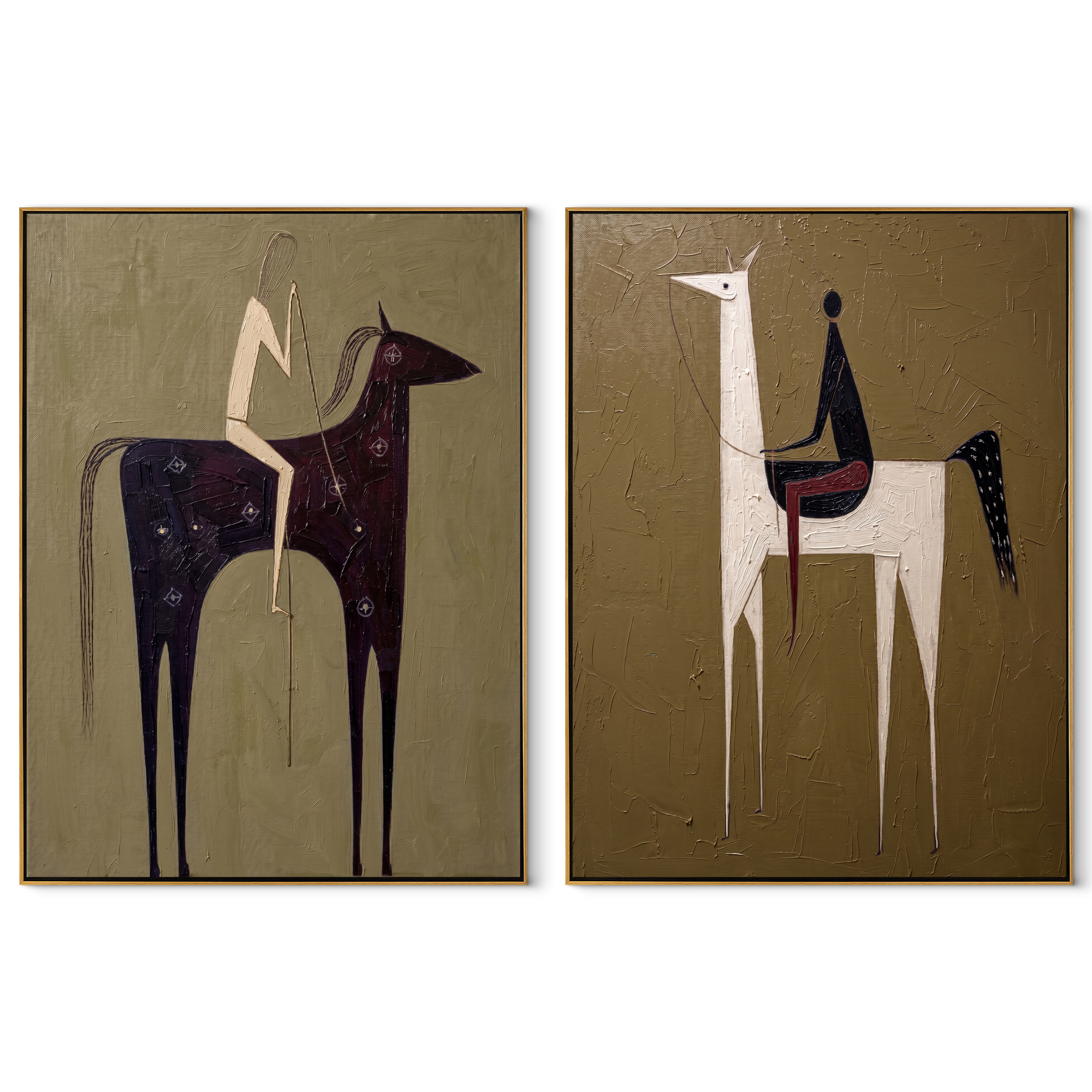 Tall Horses Trade Glances - minimal horse and rider by Elliot Vale, modern figurative set of 2 wall art - complete two-panel artwork set on white background
