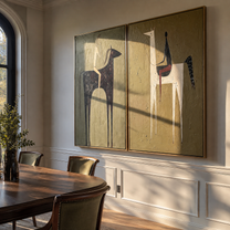 Tall Horses Trade Glances - minimal horse and rider by Elliot Vale, modern figurative set of 2 wall art - styled room scene view 2