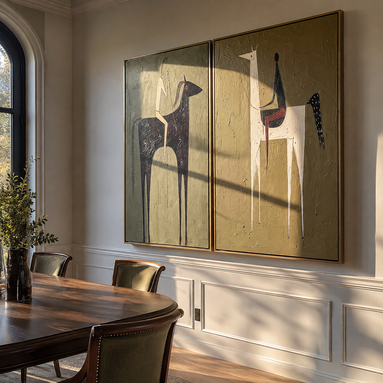Tall Horses Trade Glances - minimal horse and rider by Elliot Vale, modern figurative set of 2 wall art - styled room scene view 2