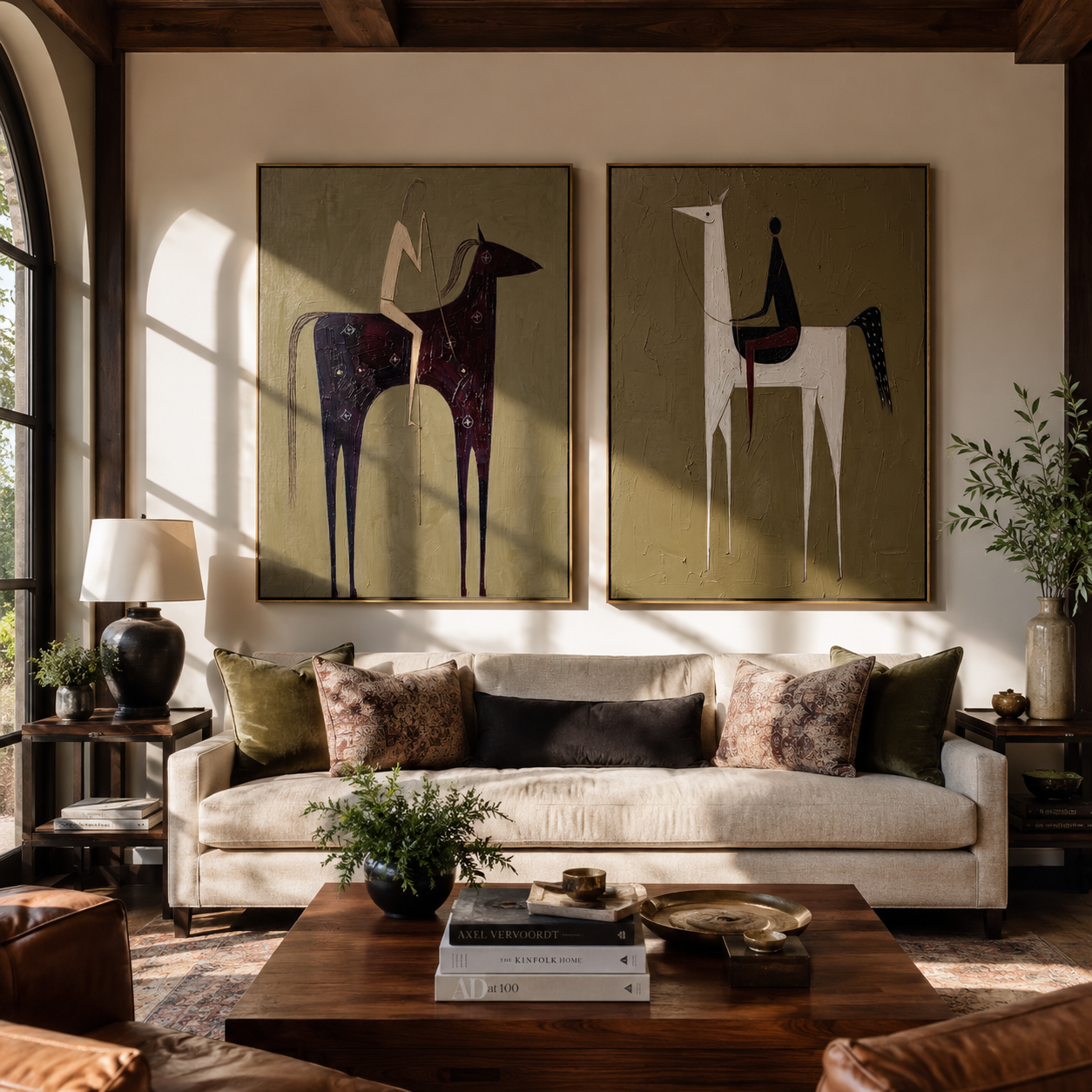 Tall Horses Trade Glances - minimal horse and rider by Elliot Vale, modern figurative set of 2 wall art - styled room scene view 3