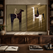 Tall Horses Trade Glances - minimal horse and rider by Elliot Vale, modern figurative set of 2 wall art - styled room scene view 4