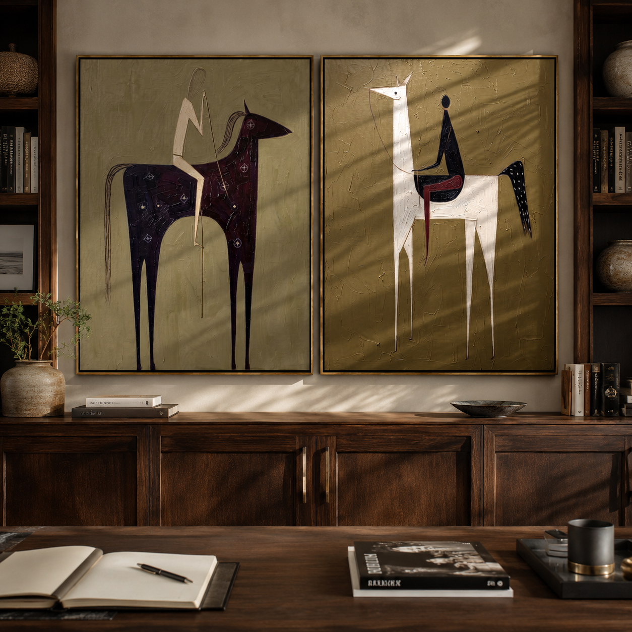 Tall Horses Trade Glances - minimal horse and rider by Elliot Vale, modern figurative set of 2 wall art - styled room scene view 4