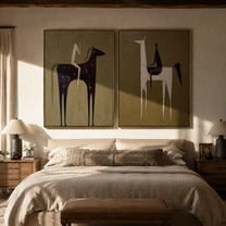 Tall Horses Trade Glances - minimal horse and rider by Elliot Vale, modern figurative set of 2 wall art - styled room scene view 5