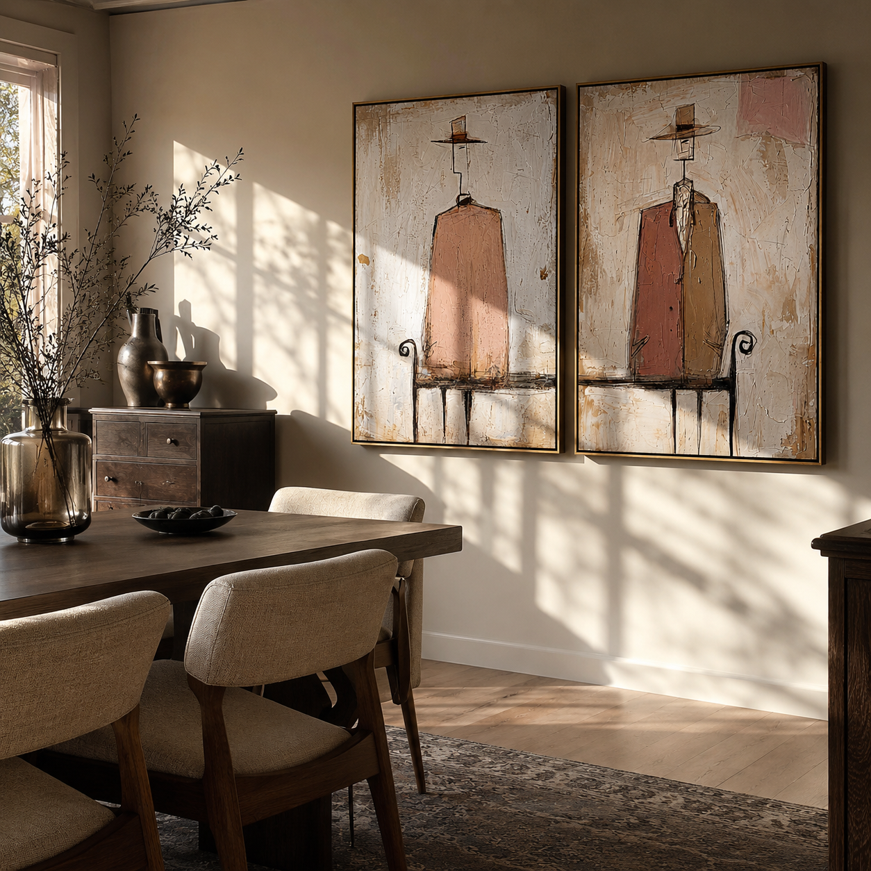 Rose Chairs Keep Watch - seated pink figure by Elliot Vale, modern figurative set of 2 wall art - styled room scene view 1