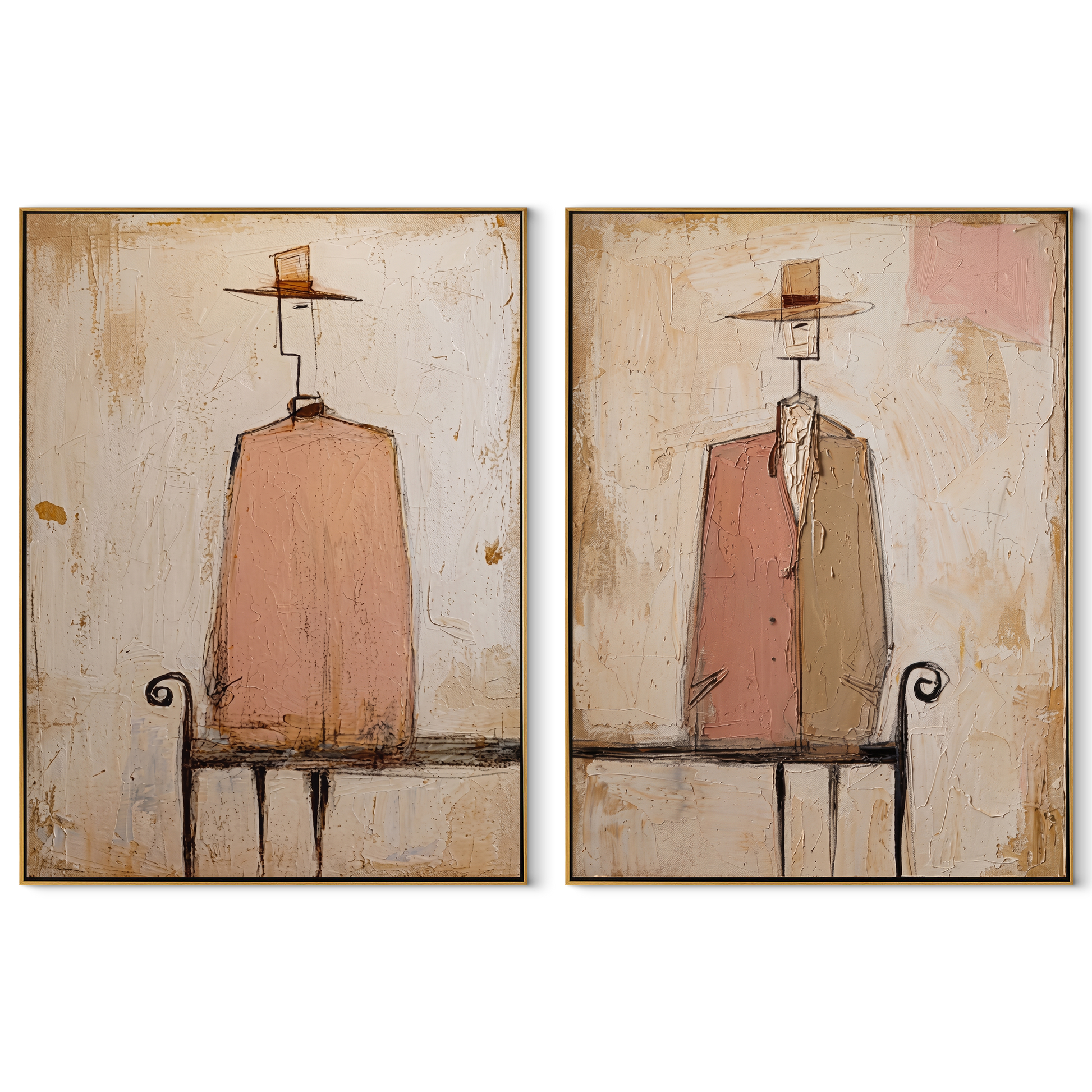 Rose Chairs Keep Watch - seated pink figure by Elliot Vale, modern figurative set of 2 wall art - complete two-panel artwork set on white background