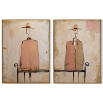 Rose Chairs Keep Watch - seated pink figure by Elliot Vale, modern figurative set of 2 wall art - complete two-panel artwork set on white background