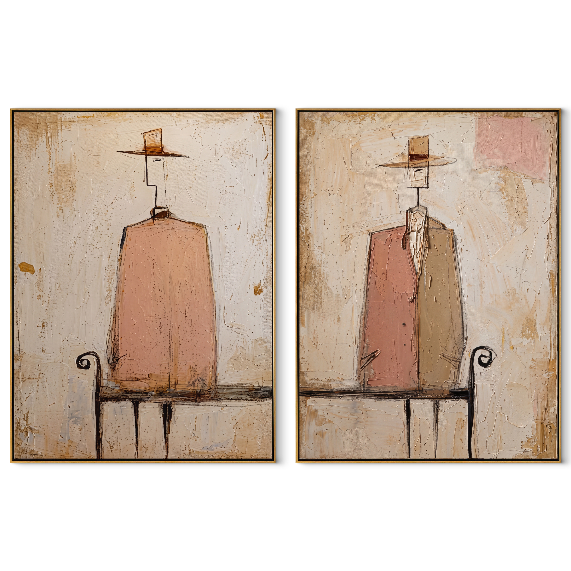 Rose Chairs Keep Watch - seated pink figure by Elliot Vale, modern figurative set of 2 wall art - complete two-panel artwork set on white background