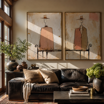 Rose Chairs Keep Watch - seated pink figure by Elliot Vale, modern figurative set of 2 wall art - styled room scene view 2