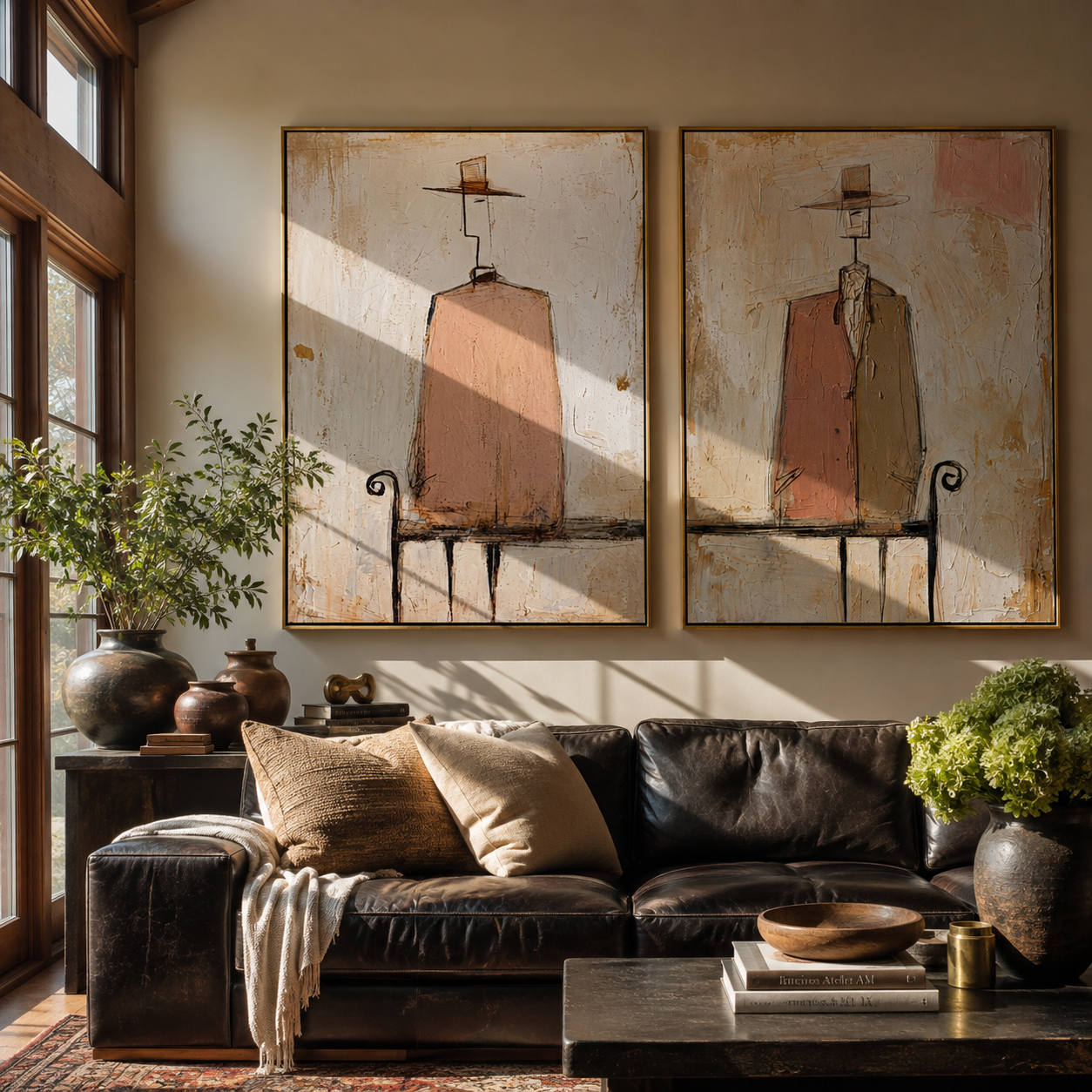 Rose Chairs Keep Watch - seated pink figure by Elliot Vale, modern figurative set of 2 wall art - styled room scene view 2