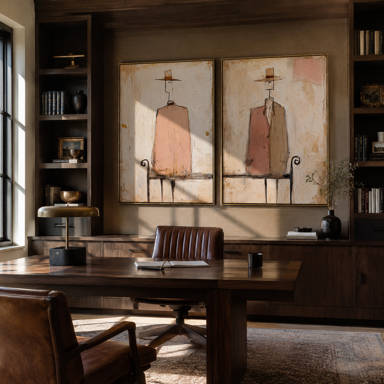 Rose Chairs Keep Watch - seated pink figure by Elliot Vale, modern figurative set of 2 wall art - styled room scene view 3