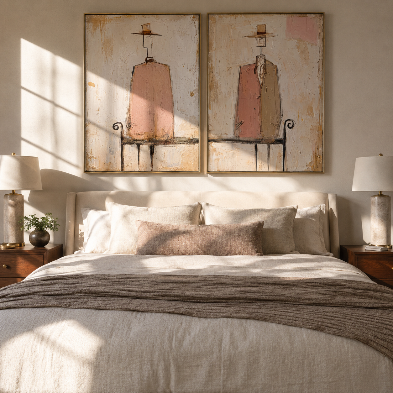 Rose Chairs Keep Watch - seated pink figure by Elliot Vale, modern figurative set of 2 wall art - styled room scene view 4