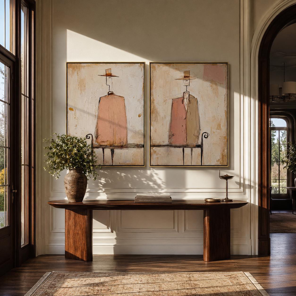 Rose Chairs Keep Watch - seated pink figure by Elliot Vale, modern figurative set of 2 wall art - styled room scene view 5